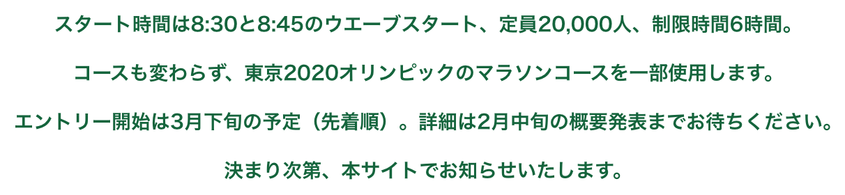 定員20,000人、制限時間6時間、コースに関しては東京2020オリンピックのマラソンコースを一部利用した前回と同じです。一般エントリーは3月下旬から4月上旬に開始予定。詳細は2月中旬の概要発表までお待ちください。決まり次第、本サイトでお知らせいたします。