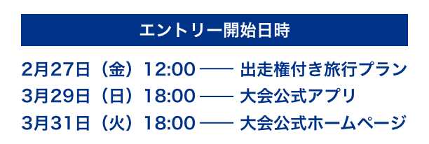 エントリー開始日時 2月27日（金）12:00 出走権付き旅行プラン、2月29日（日）18:00 大会公式アプリ、3月31日（火）18:00 大会公式ホームページ